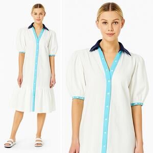 ADDISON BAY Isle Dress White Blue Button Short Sleeve Cotton Ruffle Small NEW